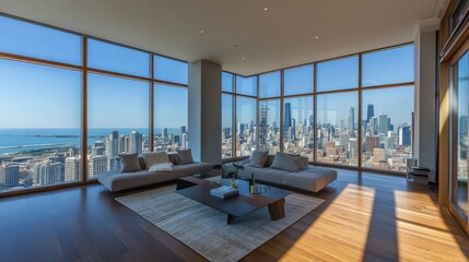 Luxurious penthouse living room with panoramic city and lake views.