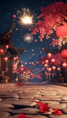 Obraz premium Chinese New Year celebration festive street decorated with red lanterns fireworks night scene blooming cherry blossom trees traditional architecture Asian culture vibrant colors celebratory mood