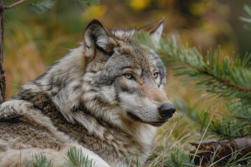 Fototapeta premium Intense Timber Wolf Canis lupus Sits Under Pine captive animal