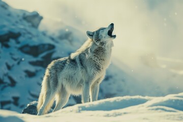 Fototapeta premium Lone Wolf howling in winter. Wolf howling