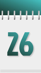 Calendar with days of the year, green top, day 26.