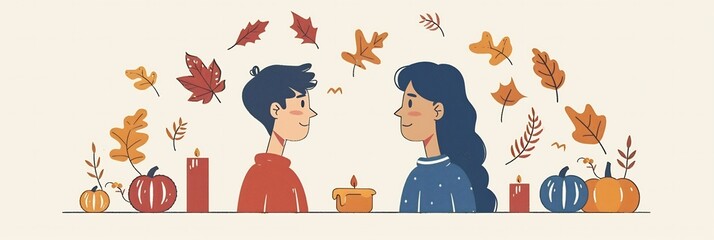Fototapeta premium Clean flat harvest icons like autumn leaves pumpkins frame a family gathering creating a festive yet simple visual with space for creative customization
