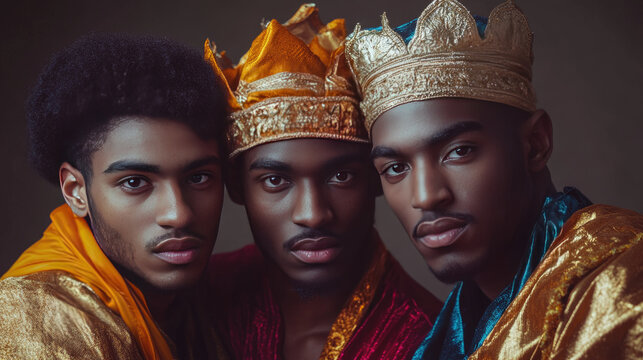 Three young Black male models wear vibrant royal robes and crowns, showcasing regal attire and strong expressions.