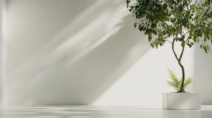 Obraz premium A potted tree stands alone in a bright white room, casting intricate shadows on the wall. The minimalist design highlights the simplicity of nature within modern architecture
