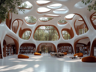 A futuristic school building with sleek, modern architecture, featuring high-tech classrooms equipped with holographic displays, virtual learning tools, and interactive walls. The corridors are bright