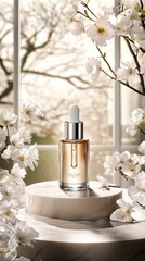 A luxurious bottle of face oil showcases its golden hue atop a round marble pedestal, surrounded by white flowers in warm sunlight filtering through the window