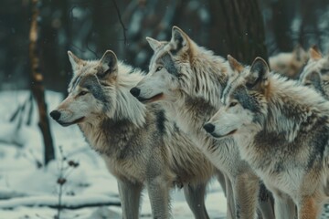 Obraz premium Several wolves standing together with their heads sticking into multiple directions in winter woods