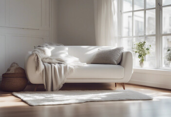 Cozy white sofa against window Scandinavian style home interior design of modern living room