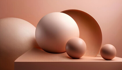 Abstract geometric composition with spheres on textured surface in  mocha mousse tones