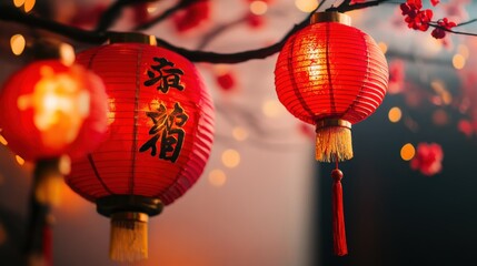 Chinese New Year festive red lanterns decoration with prosperity and wealth symbols for spring festival celebration greetings background with bokeh lights and copy space