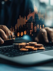Businessman analyzing financial trading chart on laptop with stacks of coins investment growth income interest rate financial report banking and business success concept