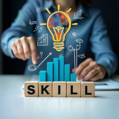 A professional points at a rising bar graph with the word "SKILL" made of wooden blocks. Illustrates skill development and innovation, ideal for training materials, workshops, and educational content