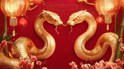 Happy Chinese New Year greeting card with two golden snakes facing each other surrounded by lanterns bamboo and cherry blossoms on a red background Chinese zodiac year of the snake celebration