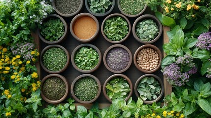 Vibrant herbs and spices are arranged in pots, surrounded by lush greenery in bright sunlight