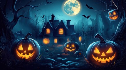 Fototapeta premium A spooky Halloween scene featuring a haunted house, glowing pumpkins, and a full moon.