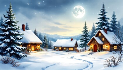Fototapeta premium Cozy winter village houses in snowy landscape with moonlit night scene