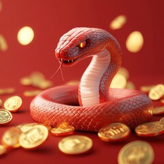Fototapeta premium Red snake surrounded by gold coins Chinese New Year symbol wealth prosperity good luck fortune zodiac animal reptile 3D render digital art illustration red background festive celebration traditional