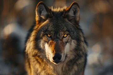 Fototapeta premium Close up portrait of menacing timber wolf with yellow eyes.