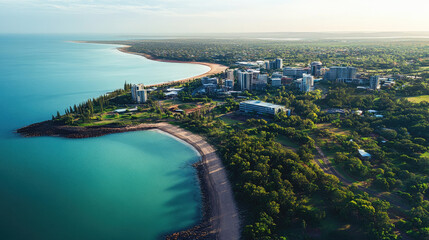 Fototapeta premium Aerial view of a coastal city, showcasing lush greenery, sandy beaches, and serene waters under a clear sky.