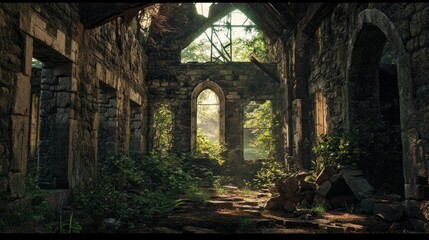 Abandoned stone ruins with overgrown vegetation and sunlight filtering through arched windows