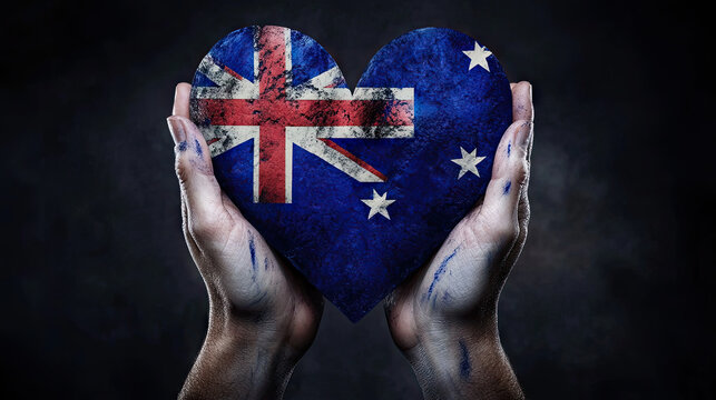 Hands of a Caucasian person holding a heart with the Australian flag design, symbolizing national pride and unity.