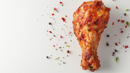 A seasoned chicken drumstick on a clean surface surrounded by spices.