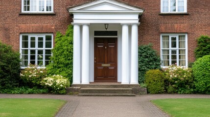 The red front door stands out against the old brick wall, framed by white columns with windows on both sides, showcasing classic architecture