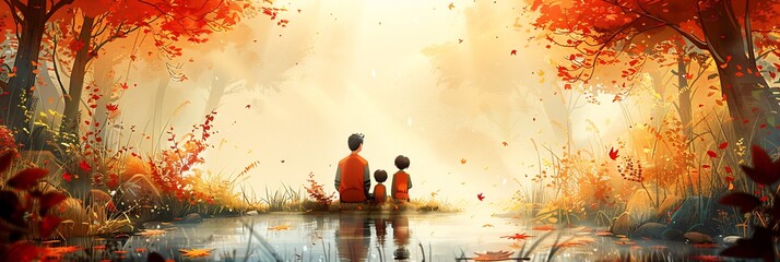 Natureinspired background family sitting in a garden or by a lake surrounded by elements like leaves water and sunlight offering a serene setting for familyrelated content