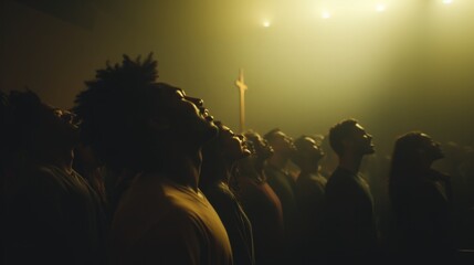 Unified in worship. In unison, the congregation sings hymns, eyes closed, as soft light fills the space.
