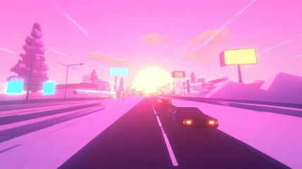 A vibrant, stylized sunset scene with cars on a road, showcasing a retro-futuristic vibe.