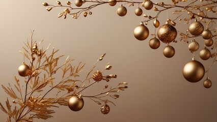 Fototapeta premium Matte Mocca Christmas backdrop with golden ornaments and branches.