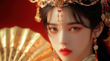 Beautiful Asian Woman in Traditional Chinese Clothing with Gold Headpiece and Fan Beauty Fashion Portrait Red Background Culture Elegance Festive Gorgeous Jewelry Ornament Regal Rich Style Womanhood