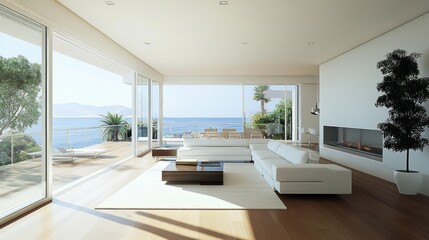 Fototapeta premium Modern white living room with ocean view.