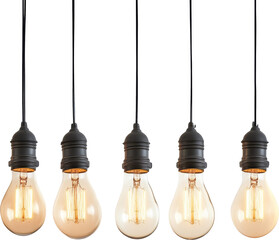 Vintage hanging light bulbs in a row, filament glowing against transparent background. Industrial lighting and design concept