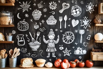 Chalkboardstyle pastel drawings of family meal include whimsical details like utensils and soft colors creating a playful atmosphere with space for messaging