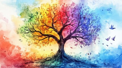 Watercolor painting of a vibrant tree of life with multicolored branches and leaves blending into a radiant background symbolizing unity and growth