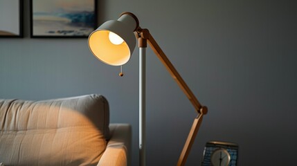 Modern floor lamp illuminates a cozy living room corner.