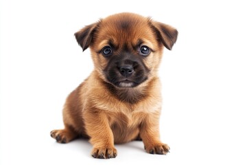 Adorable Small Brown Canine. Cute Mixed Breed Dog Sitting on a White Background, Featuring Traits of Terrier, Chihuahua, and German Shepherd