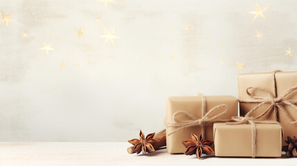 Fototapeta premium Christmas gifts banner with copy space. Christmas gift boxes in natural colors on light neutral background