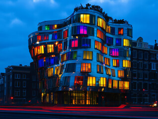 Dancing building at night in Amsterdam