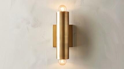 Modern gold double cylinder wall light fixture against a light beige textured background.