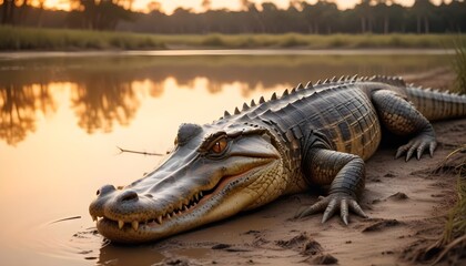 Fototapeta premium A large, prehistoric-looking alligator with a spotted, scaly skin lying on a muddy riverbank at sunset . 