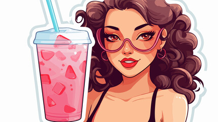 Fun Cartoon Woman with Drink Sticker for Decoration and Personalization