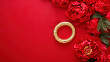 Golden Snake Ornament and Red Peonies on Red Background Chinese New Year Decoration Lunar New Year Symbol Festive Background Spring Festival Prosperity and Good Luck Concept Copy Space Flat Lay