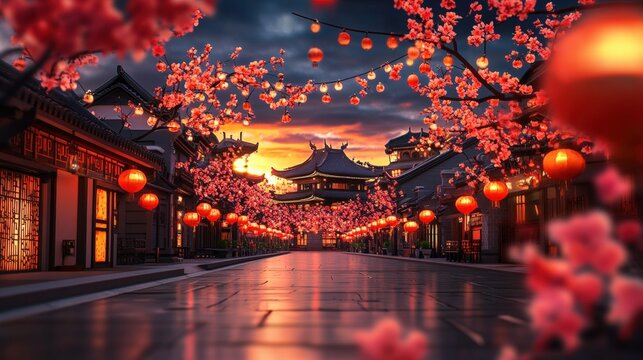 Chinese New Year festive street decorated with red lanterns and blooming cherry blossoms at sunset traditional architecture beautiful cityscape vibrant colors cultural celebration Asia travel