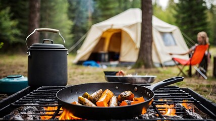 cooking on an open fire in a camp in nature