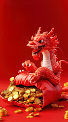 2025 Chinese New Year Spring Festival Red Dragon with Gold Coins Wealth Prosperity and Good Fortune Symbol 3D Render Illustration Digital Art Festive Greeting Card Design Social Media Post Banner
