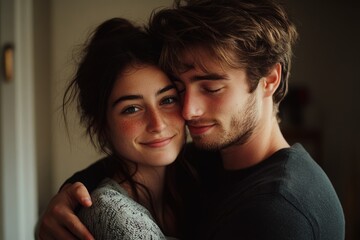 Obraz premium Joyful Embrace: Beautiful Young Couple Sharing a Loving Hug in an Isolated Portrait of Togetherness