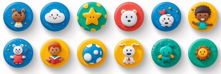 Playful rounded icon set showing children engaging activities like jumping drawing reading with simplified cute features and bright colors leaving room for customization