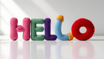 playful 3d hello lettering with a cozy knitted texture for digital greeting visuals